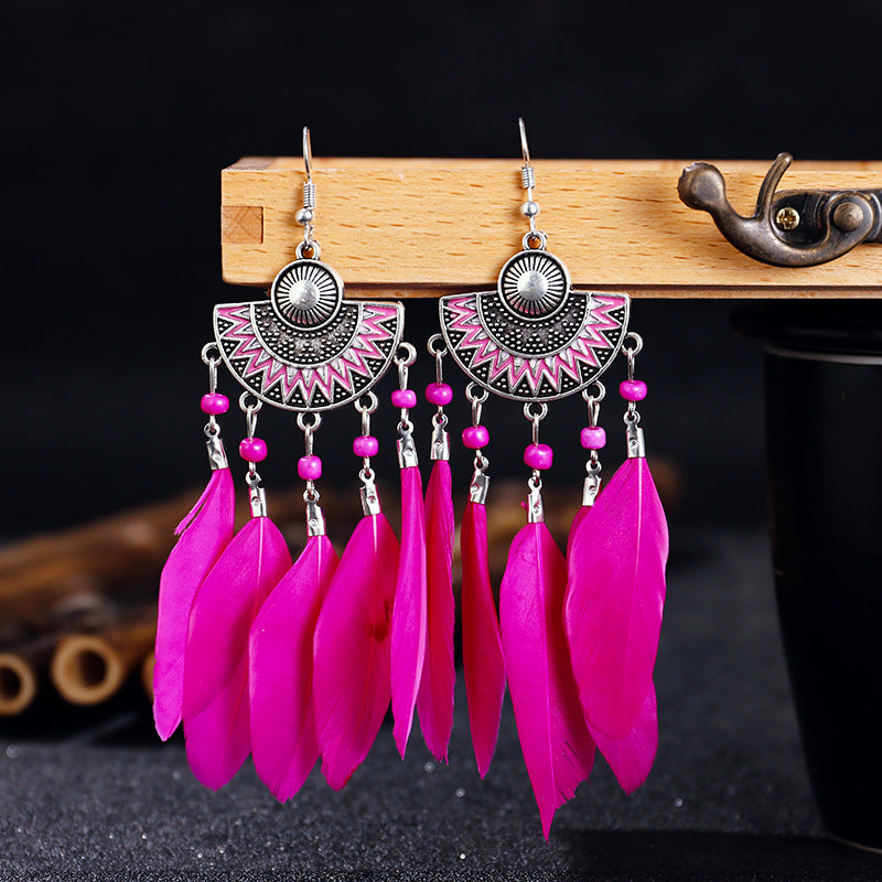 Wholesale Half Round Long Feather Alloy Earrings